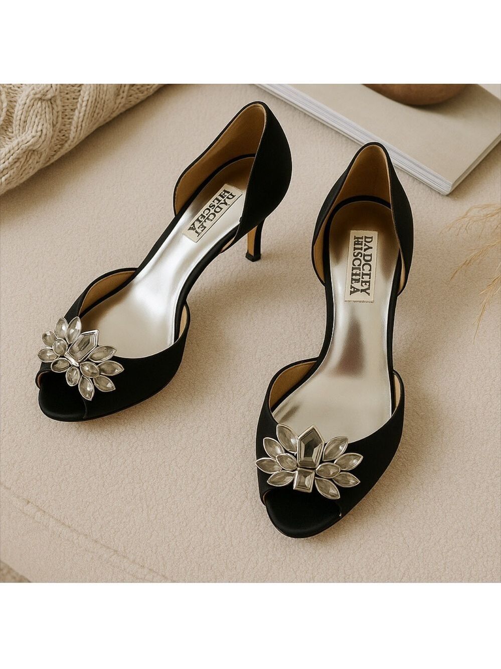 BADGLEY MISCHKA BLACK SATIN D’ORSAY OPEN TOE RHINESTONE EMBELLISHED HEELS 6.5M
